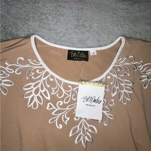 Bob Mackie Tan Dress with White Embroidery - size Small